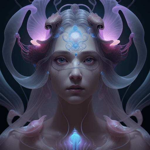 AI generated: Goddess close-up portrait ribcagel. jellyfish phoenix head, nautilus, orchid, skull, betta fish, bio...