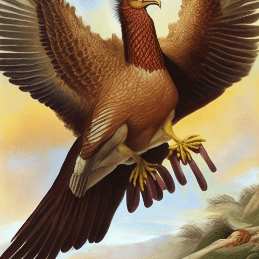 AI generated: A mighty and legendary turkey. The turkey rides on a racing and furious eagle. The turkey is huge an...