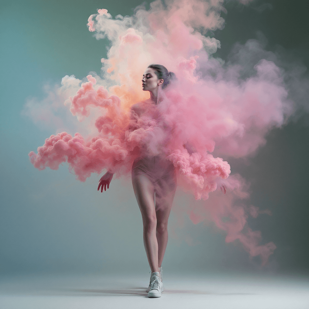 AI generated: Surreal full body image, a woman's clothing dissolves into abstract, colorful smoke, leaving her for...
