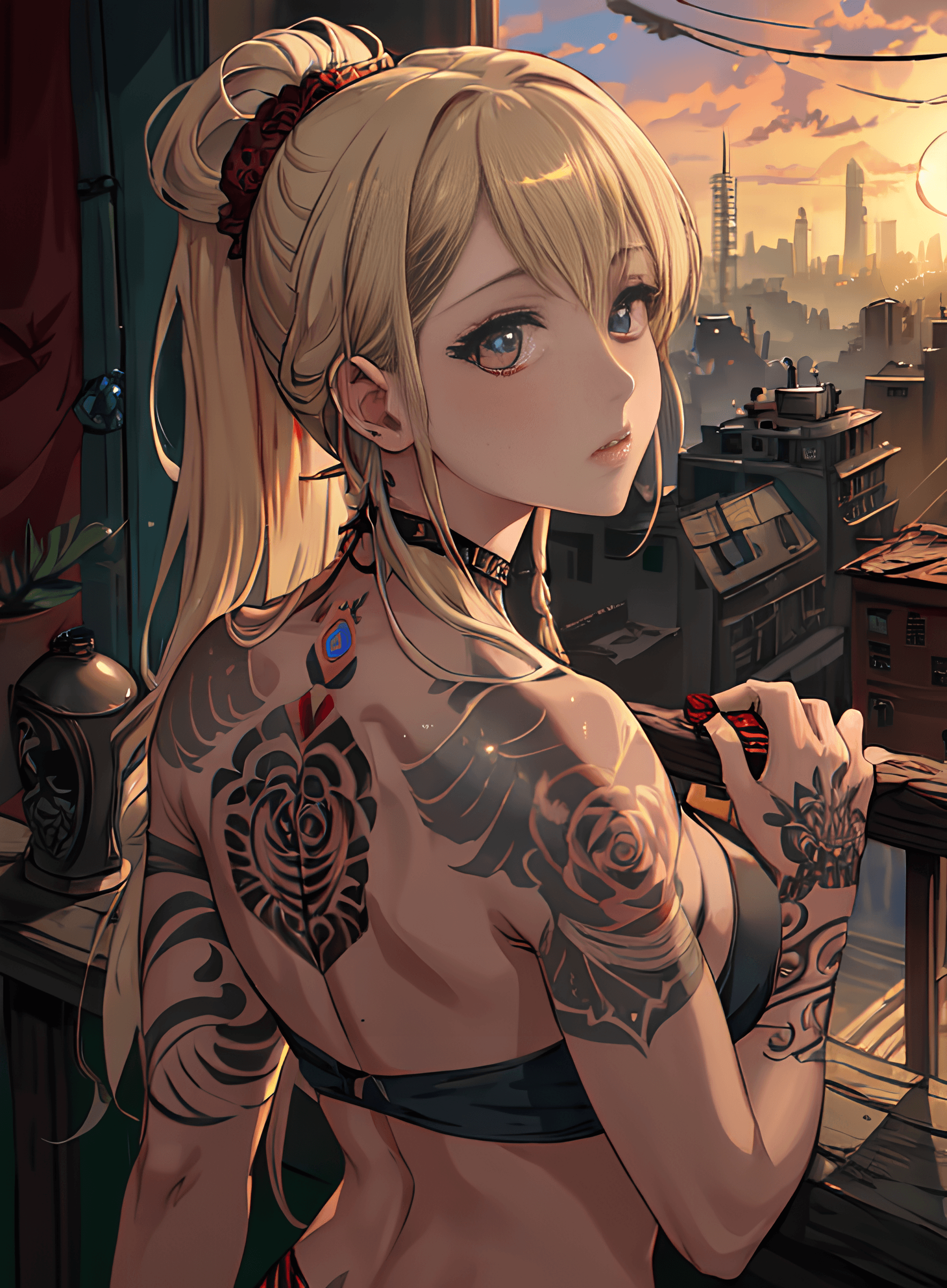 AI generated: Close up face shot of a beautiful woman looking at the camera, tatoos, lots of tatoos, rose tatoos, ...