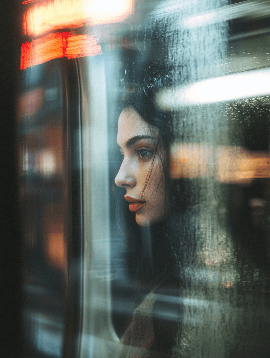 AI generated: A blurry photograph of an attractive woman standing on the subway, her reflection visible in the tra...