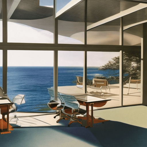 AI generated: Hyper realistic eye level exterior photo of a mid century modern style laptop overlooking the ocean,...