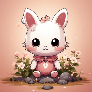 AI generated: T-shirt design logo, adorable tiny rabbit Hello Kitty hopping in the garden, 2, minimalist style, no...