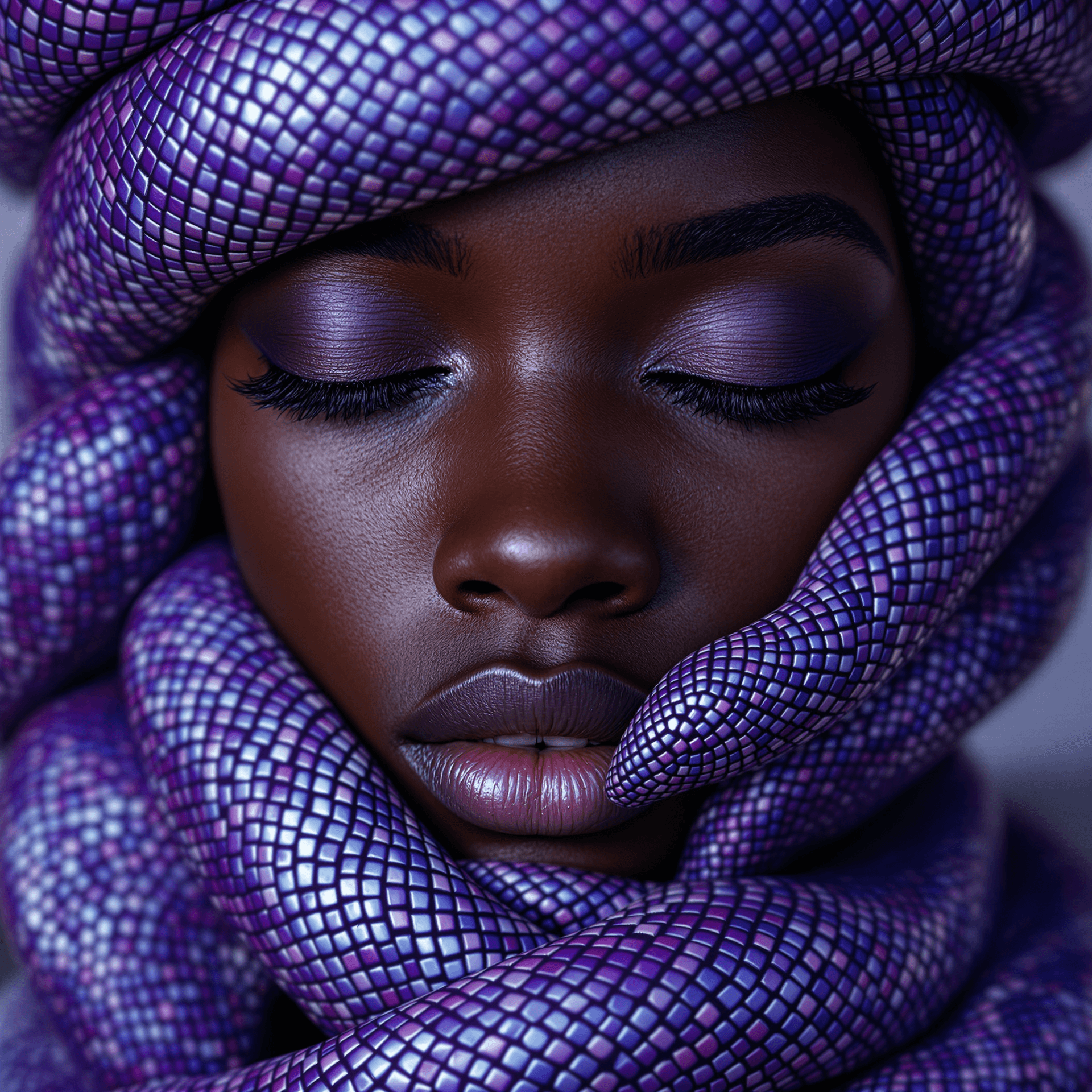 AI generated: A serene close-up portrait of a young black person with closed eyes, wrapped around their face is a ...