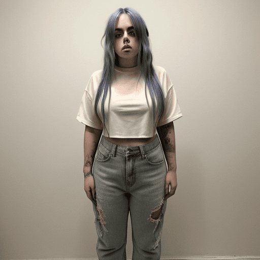 AI generated: Billie Eilish, revealing shirt, full body, chubby