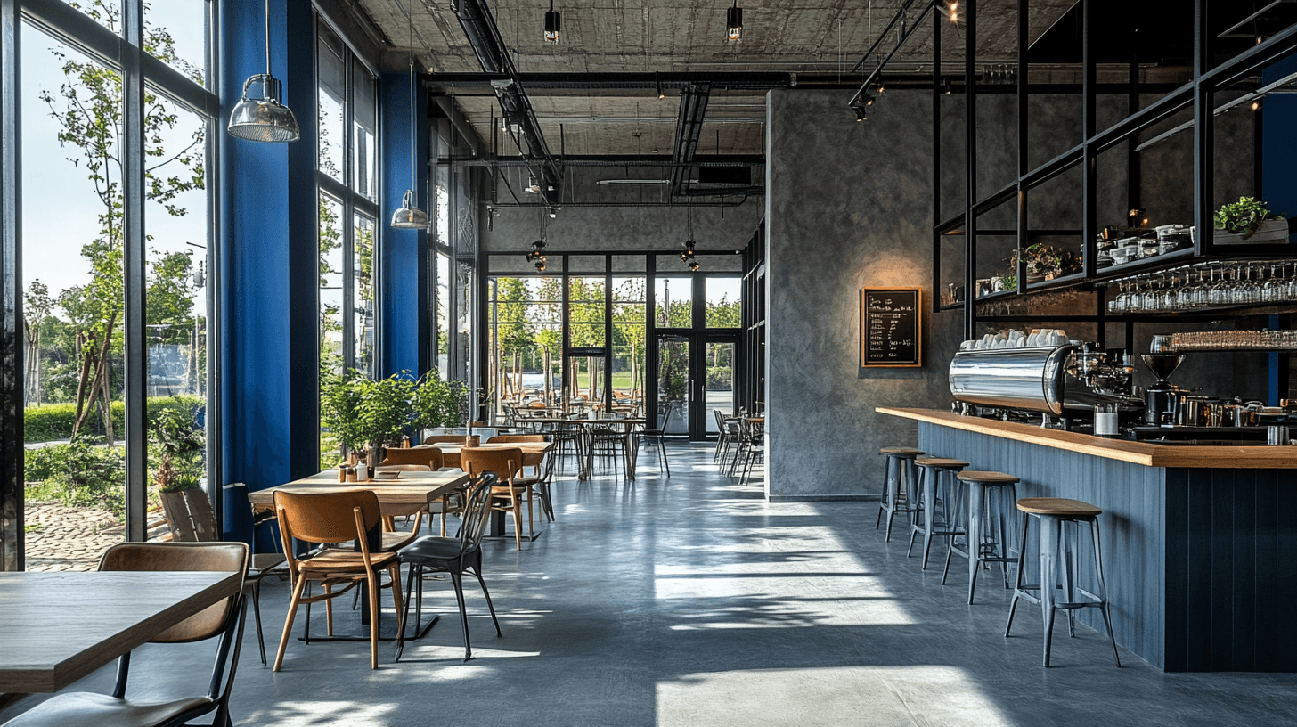 AI generated: Photography of an industrial style café with a 3-meter high ceiling. Matte grey concrete floor, wide...