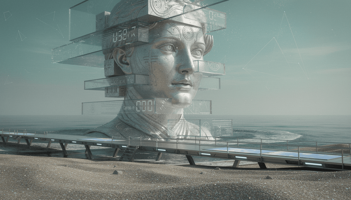 AI generated: In a surreal, futuristic landscape, bosh style a giant   androgynous face has hyper-realistic, raise...