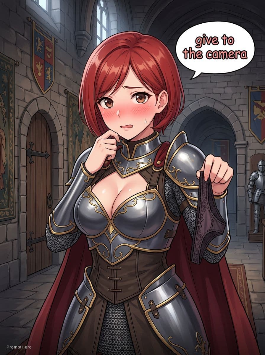 AI generated: Generate me an image of a woman in armor, very low-cut armor. The woman in question must have fair s...