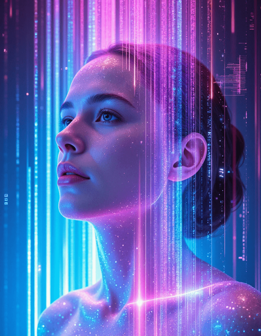 AI generated: Visualize the ethereal digital persona inspired by Porter Robinson's Virtual Self project. Create an...