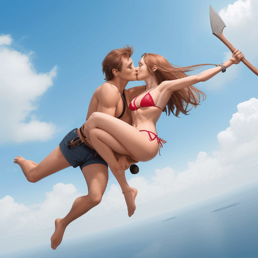 AI generated: man flying in the air with axe with a girl in bikini with smooch