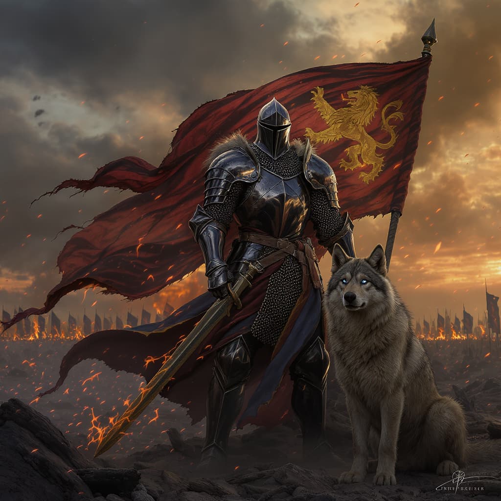 AI generated: A tilt angled image capturing the essence of a battle-hardened knight, armored in full black and dar...