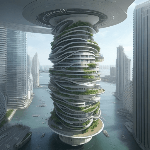 AI generated: architecture, water co-habitation, design, futuristic, rising sea levels, conceptual, level changes,...
