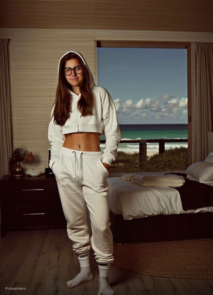 AI generated: "Bu fotoğraftaki kızı sahil tarzı bikini ile giydir. Kızın mevcut duruşu, yüz ifadesi, gözlükleri, u...