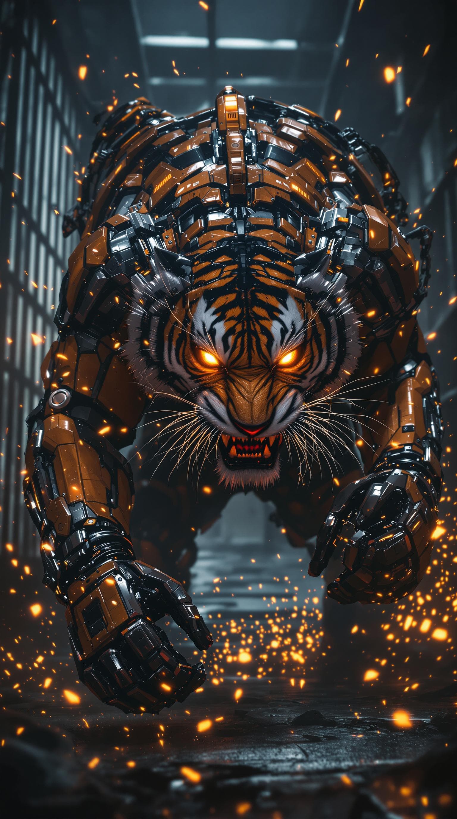 AI generated: A furious, cybernetic tiger with mechanical limbs and glowing eyes, breaking free from reinforced ch...