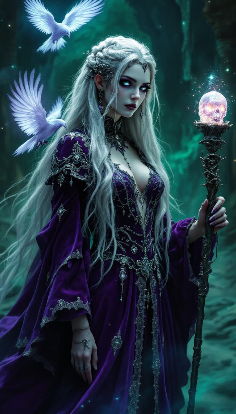 AI generated: An ultra-realistic, full-body static depiction of an arcane sorceress woman, exuding an aura of prof...