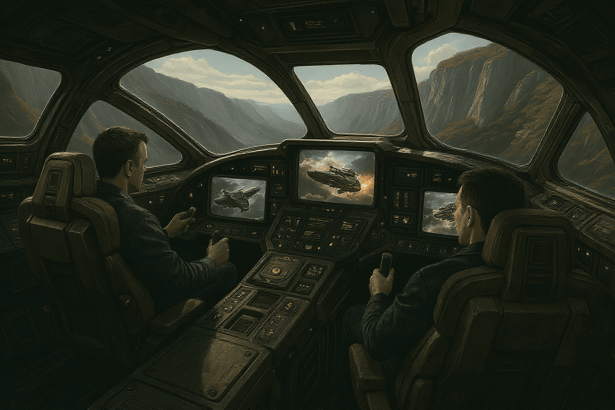 AI generated: to men in a hi t air craft looking at a holograph of a battle
ech