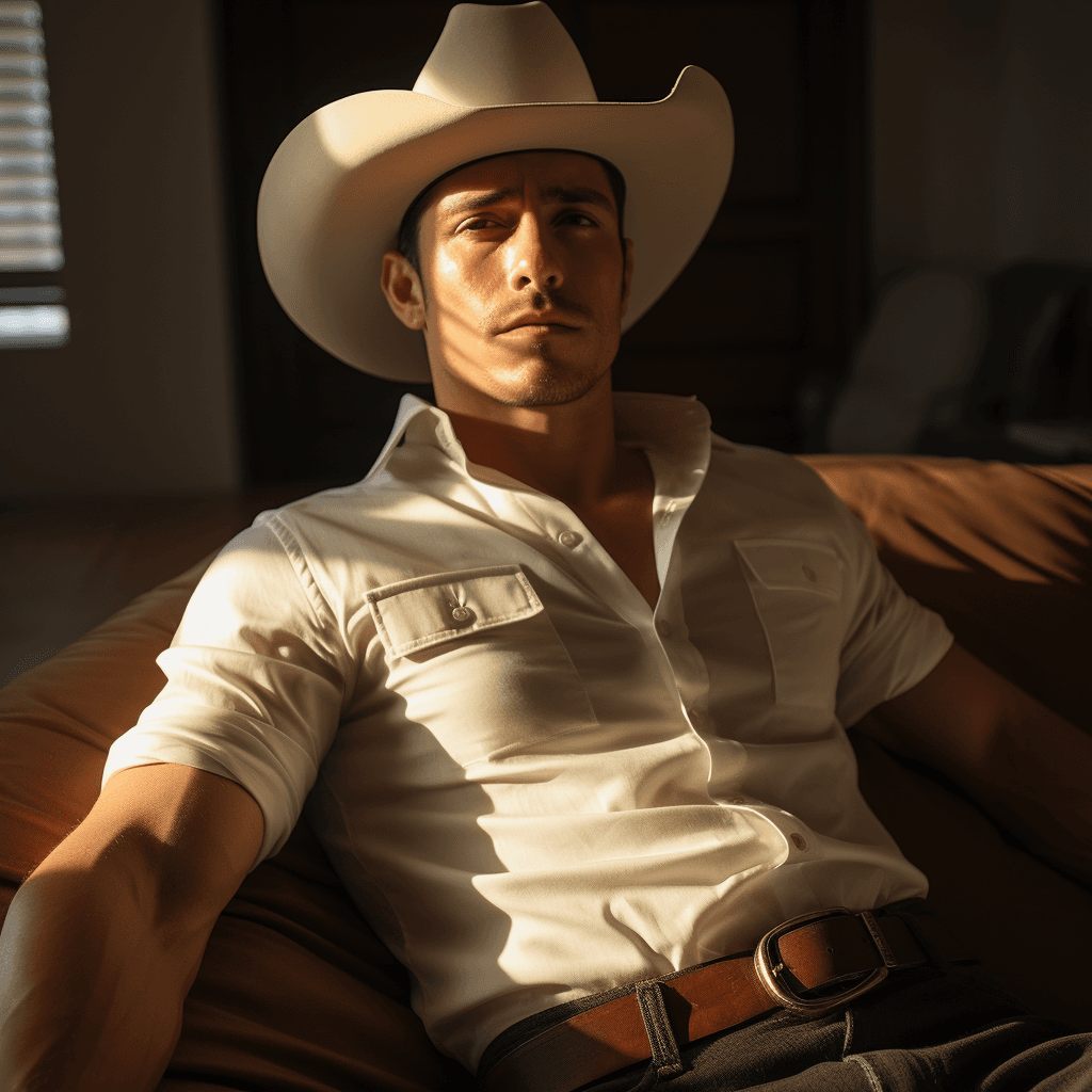 AI generated: Ground - Shot Angle - Looking down at figure from knee level, elegant, handsome, charro, mexicano, m...
