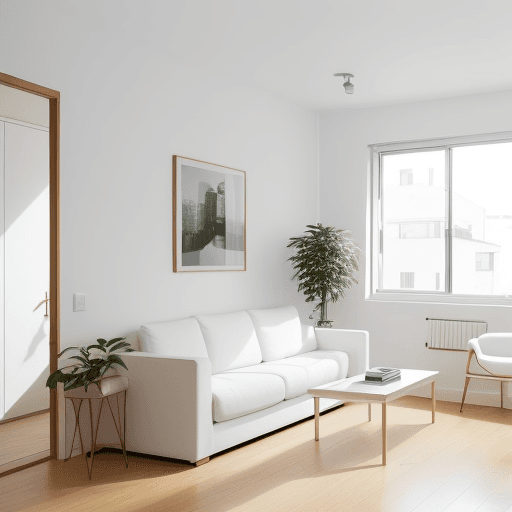AI generated: photograph a minimalist small apartment living room as it's graced with the soft light of morning, t...