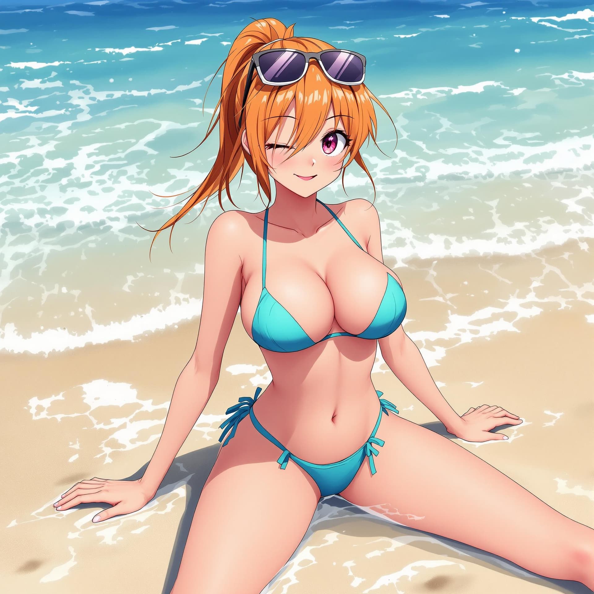 AI generated: Anime girl, in a beach, wearing a bikini, big chest, wet, spread legs, cute, orange hair, magenta ey...
