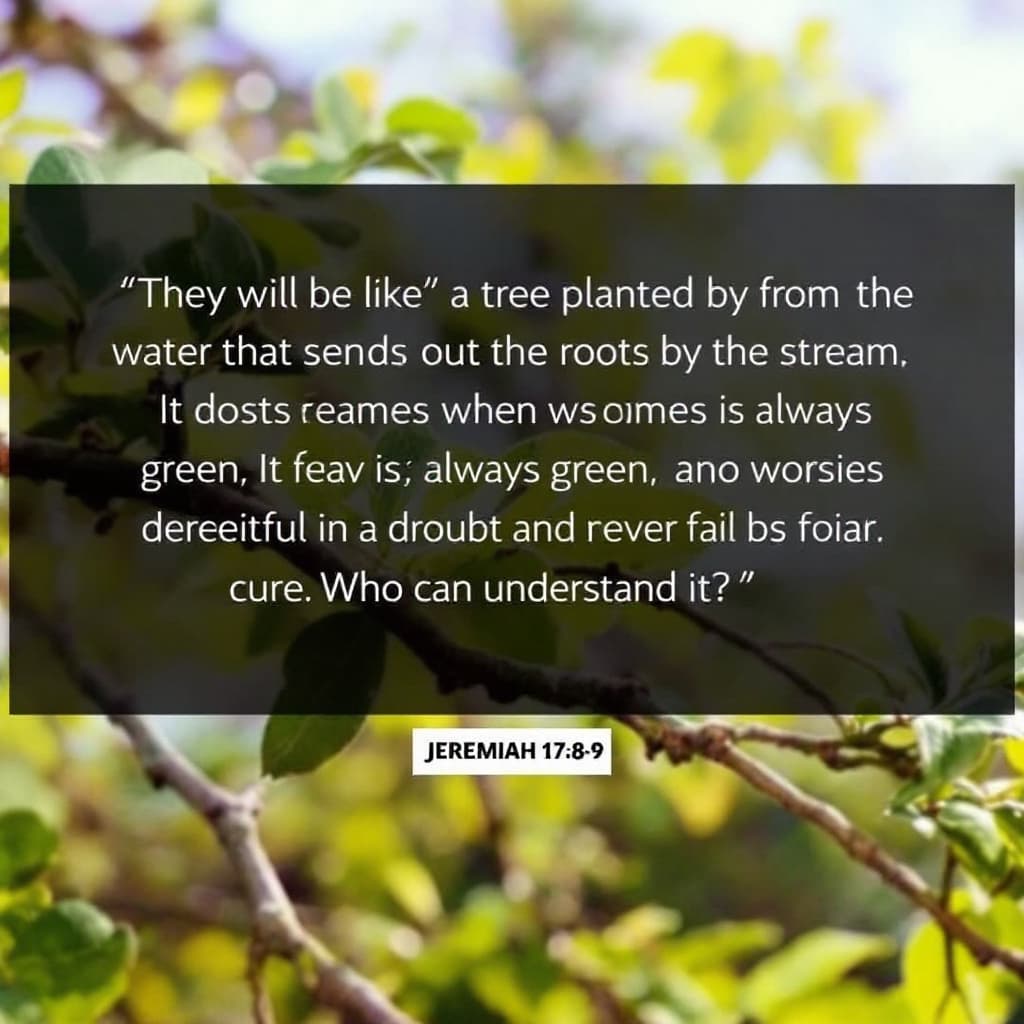 AI generated: Jeremiah 17:8-9
New International Version
8 They will be like a tree planted by the water
    that s...