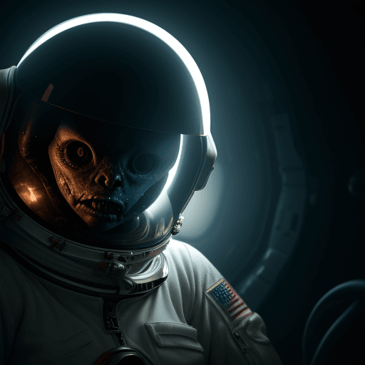 AI generated:  an astronaut is looking through her helmet with a horrifying face after a creature is after her. Th...