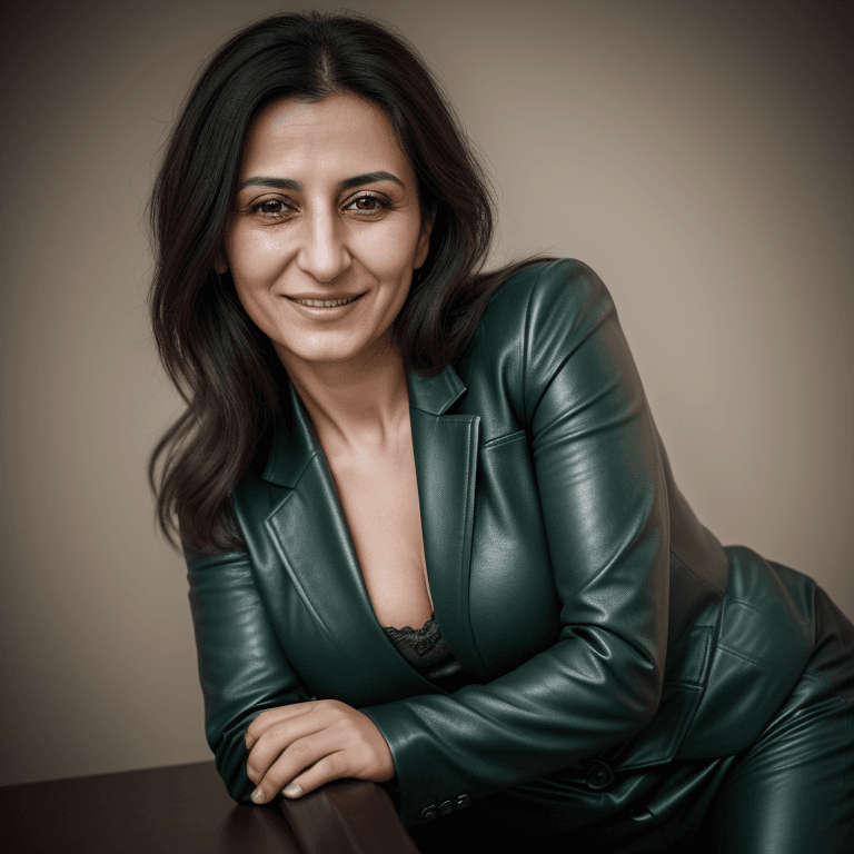 AI generated: hyper realistic headshot photo of a 35 year old turkish woman, wearing a dark  green leather suit, l...