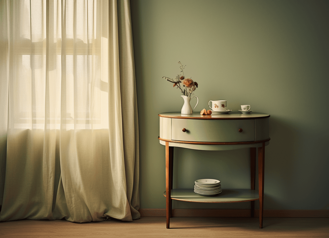 AI generated: A small round table with a tea set on it, next to the wall is an empty dresser. In front of the dres...