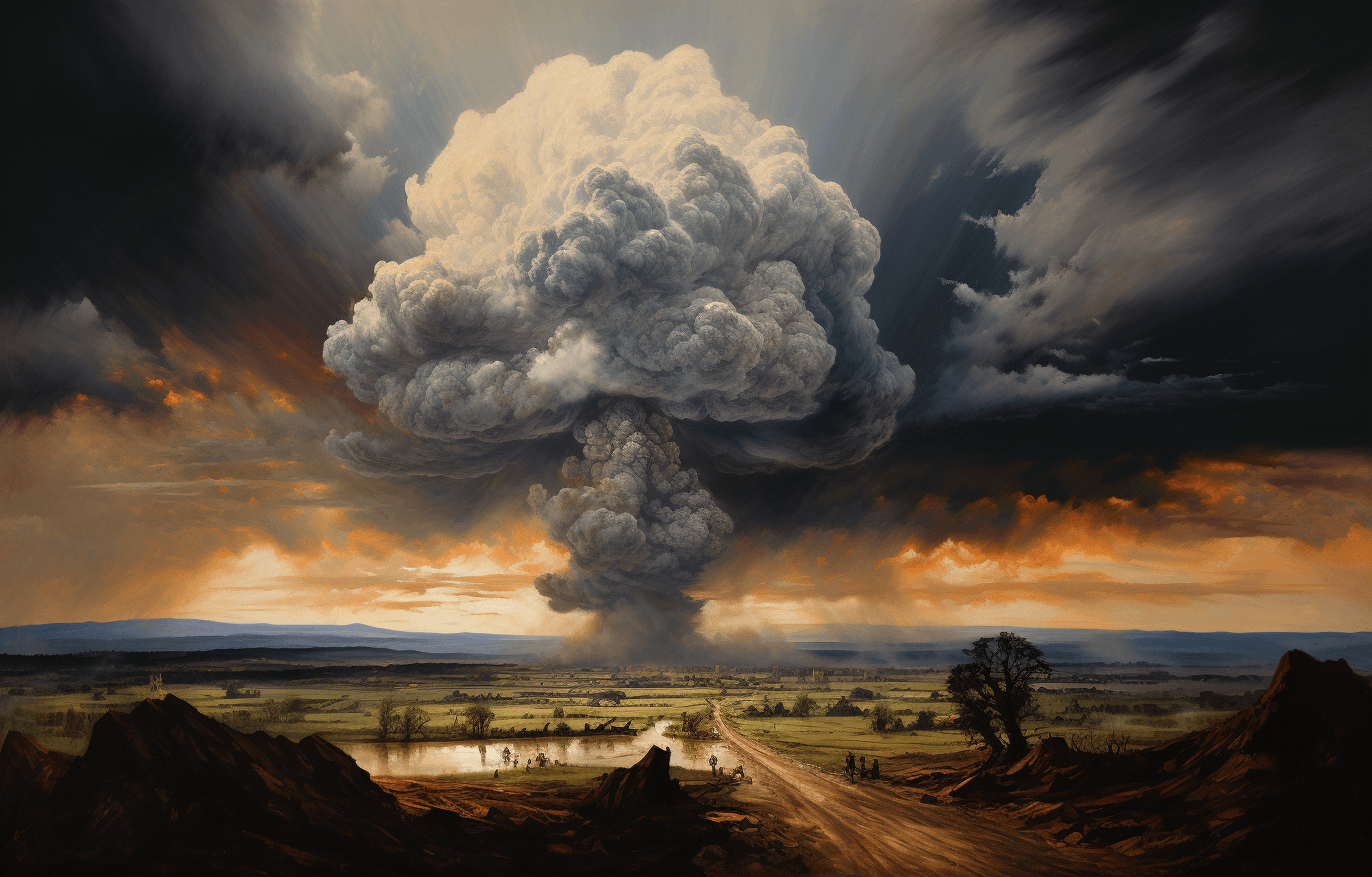 AI generated: A nuclear explosion on the horizon, painted in oil in the style of an unknown artist from outside. T...