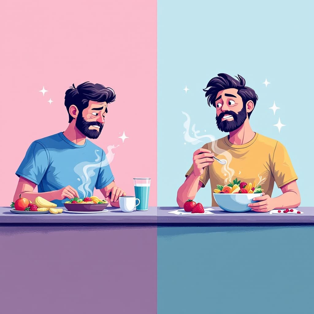 AI generated: A side-by-side comparison of a tired person skipping meals and an energetic person eating a balanced...