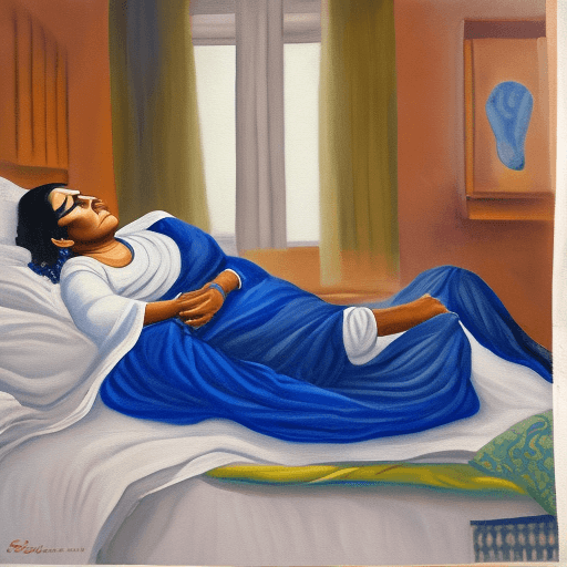 AI generated: Oil Painting of a sleeping Indian woman in her 40s (she dyes her hair black), in a blue gown, sleepi...