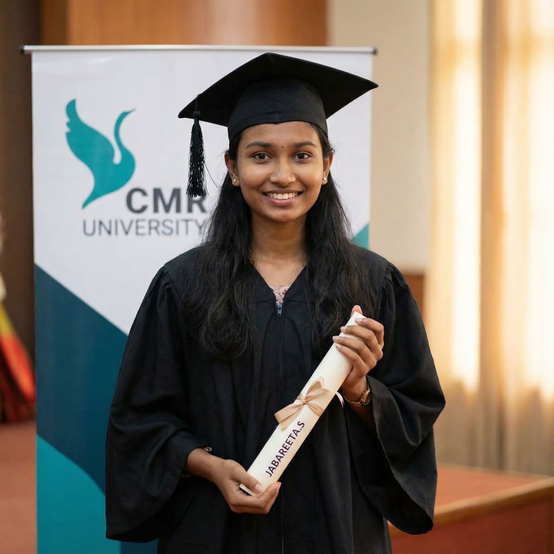 AI generated: Create my graduation image . with the graduation attire , cmr university logo on the background, and...