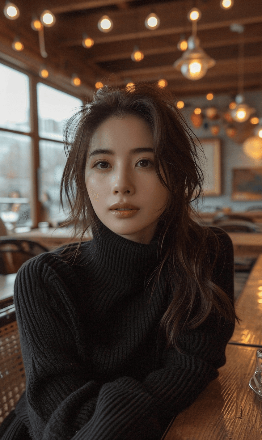 AI generated: Beautiful woman in black sweater at a restaurant table, in the style of gongbi, delicate modeling, i...