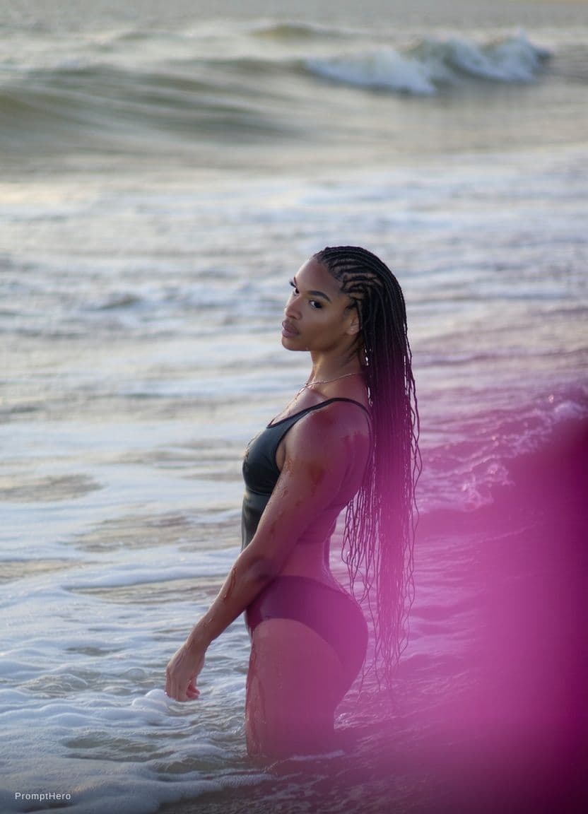 AI generated: A fit adult woman stands in shallow ocean water, wearing a black bikini. Her wet hair flows down her...