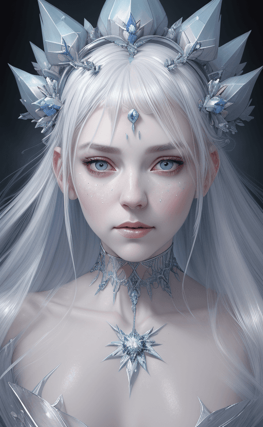 AI generated: Woman with platinum hair, in a dress of ice flowers, a beautiful crown on her head, detailed face, d...