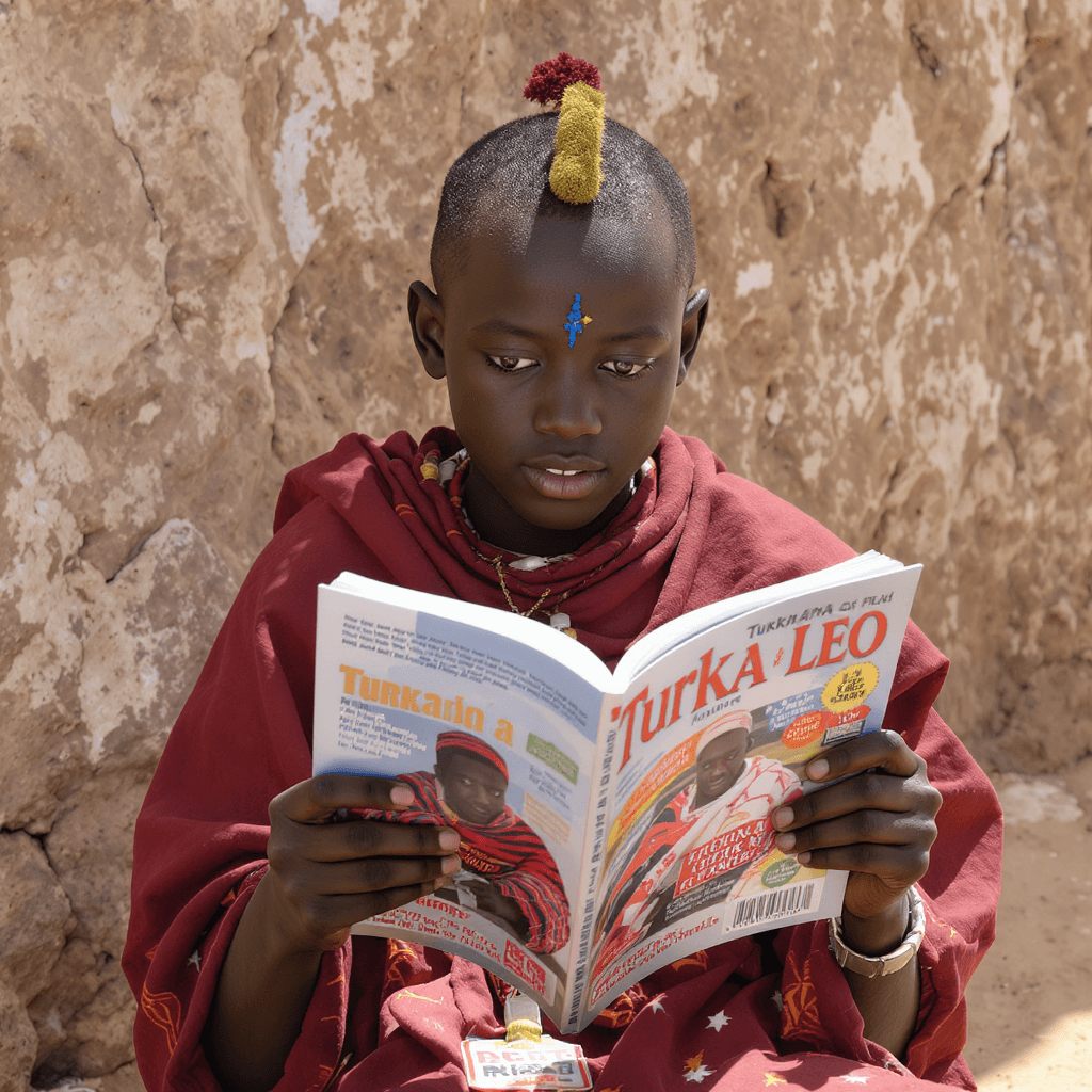 AI generated: a traditional african boy wearing a shuka maasai and reading a magazine named Turkana leo magazine p...