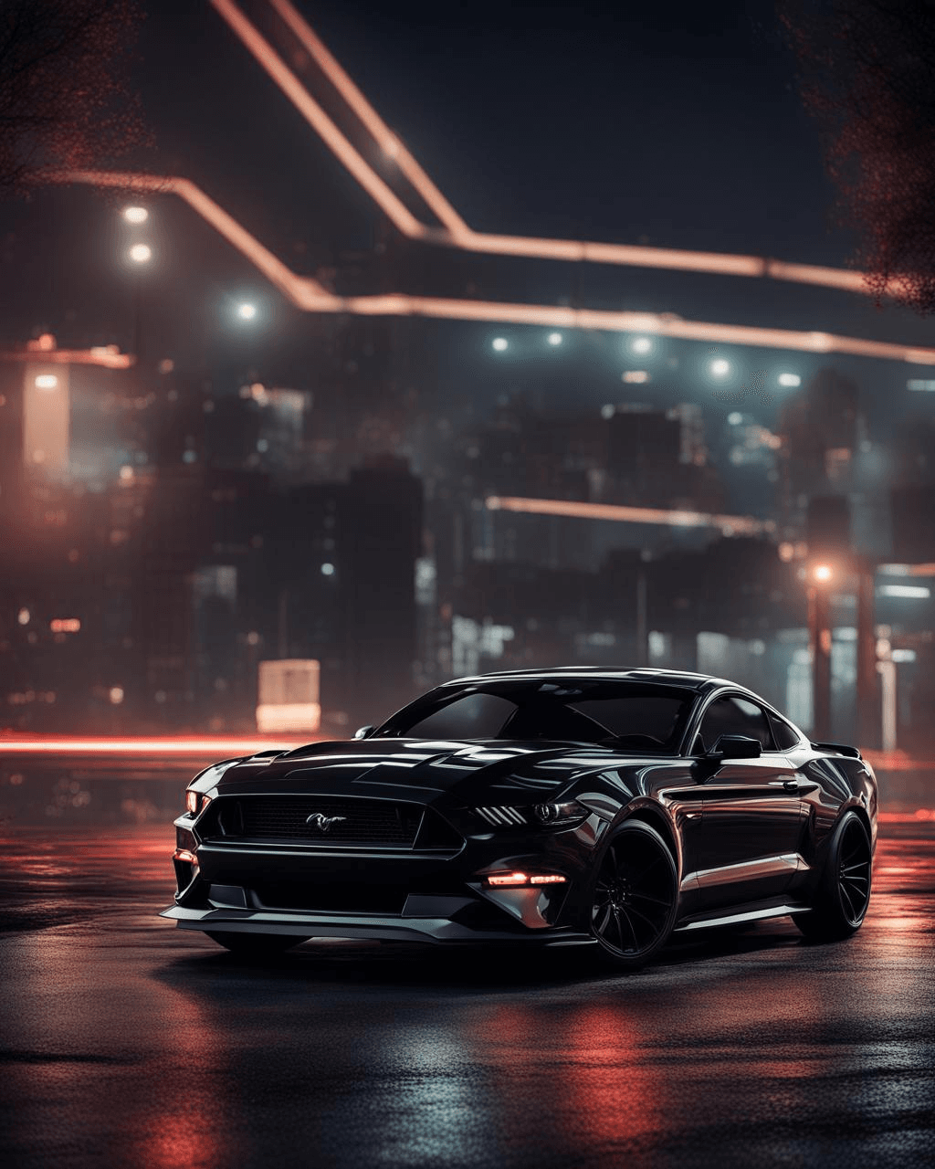 AI generated: a picture of a ford mustang, modern car, black color, perfectly centered, dark night, neon lights in...