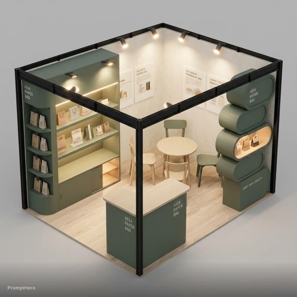 AI generated: Now I’ll create a realistic 3D rendered HTML visualization of the Asia Paper Bag exhibition booth ba...