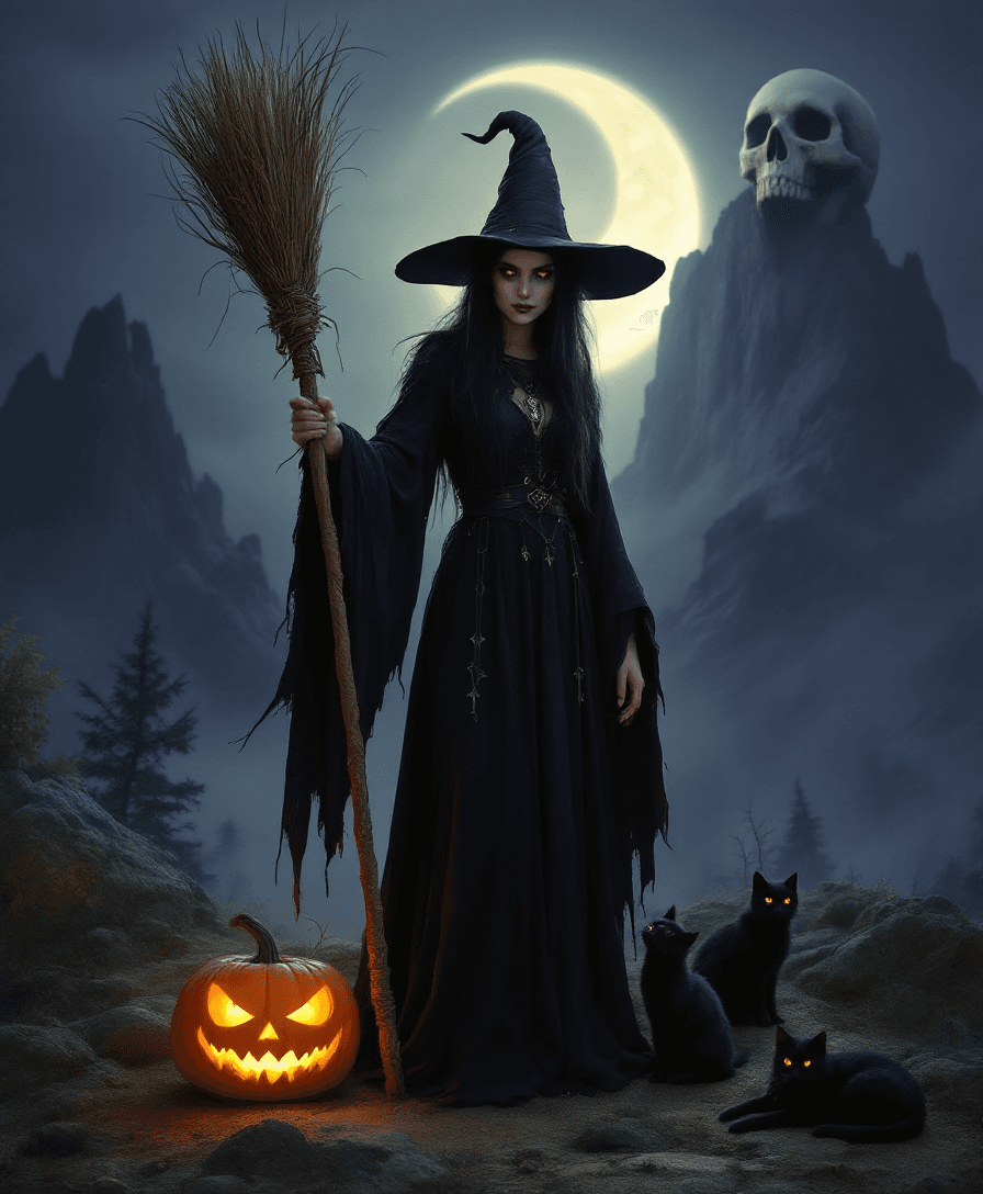 AI generated: an ultra high definition studio quality portrait of a witch holding a broomstick with her left hand....