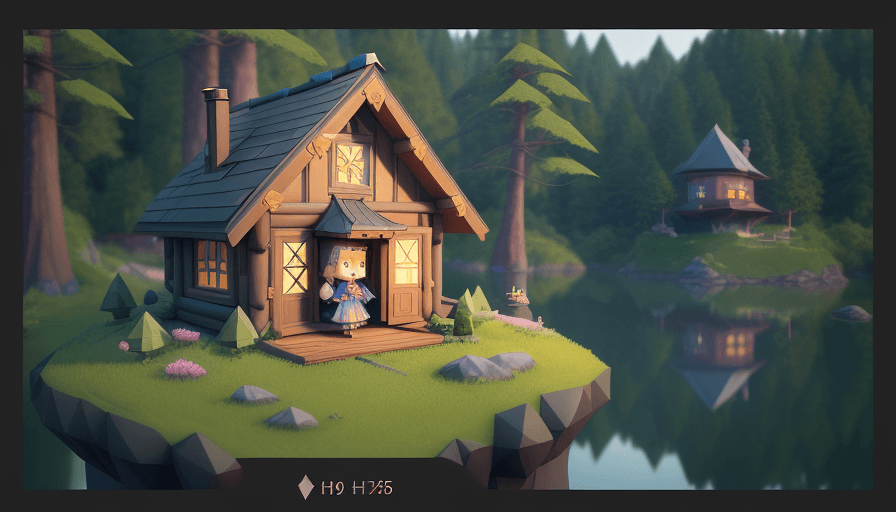 AI generated: A cute little girl walking past a cute cozy interesting majestic low poly asian styled wizard's hut ...