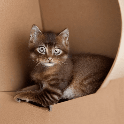AI generated: beautiful brown kitten in a cardboard box, studio photography, high resolution, Cinestill 50, clear ...