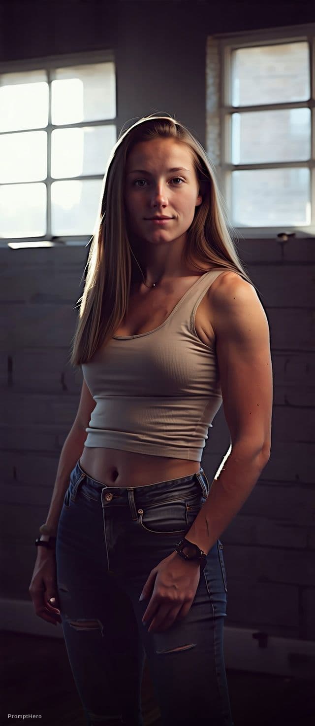 AI generated: A photorealistic portrait of a fit 28yo woman with long, straight, light brown hair, standing in a s...