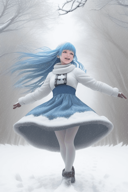 AI generated: a girl in a snowy dress dances in winter, snow is falling, there is a lot of snow on the branches of...
