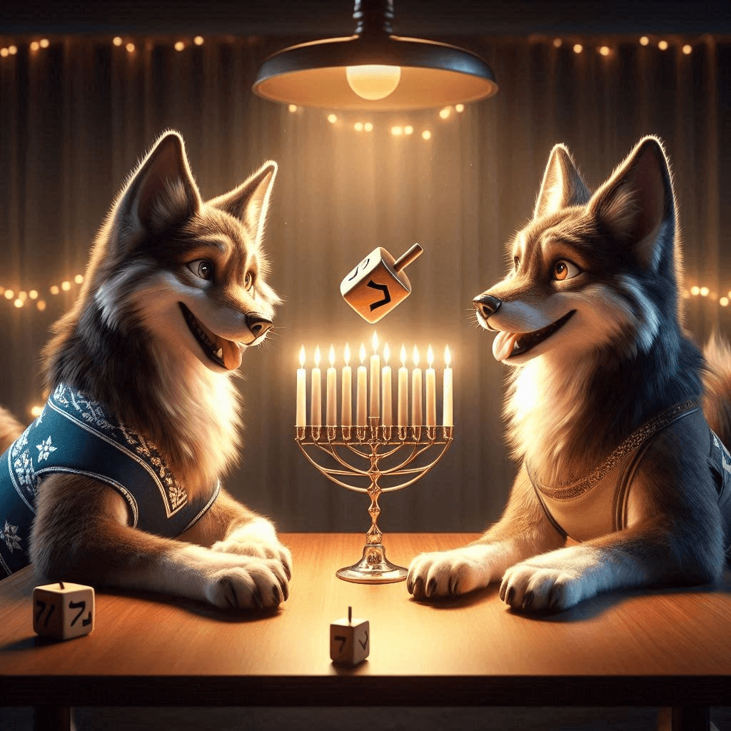 AI generated: Cinematic wildlife photo of two anime wolves spinning a dreidel on a table with a menorah
