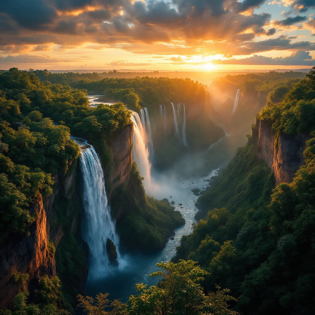 AI generated: A panoramic sunset view of a colossal waterfall, shrouded in the beauty of an untouched tropical rai...