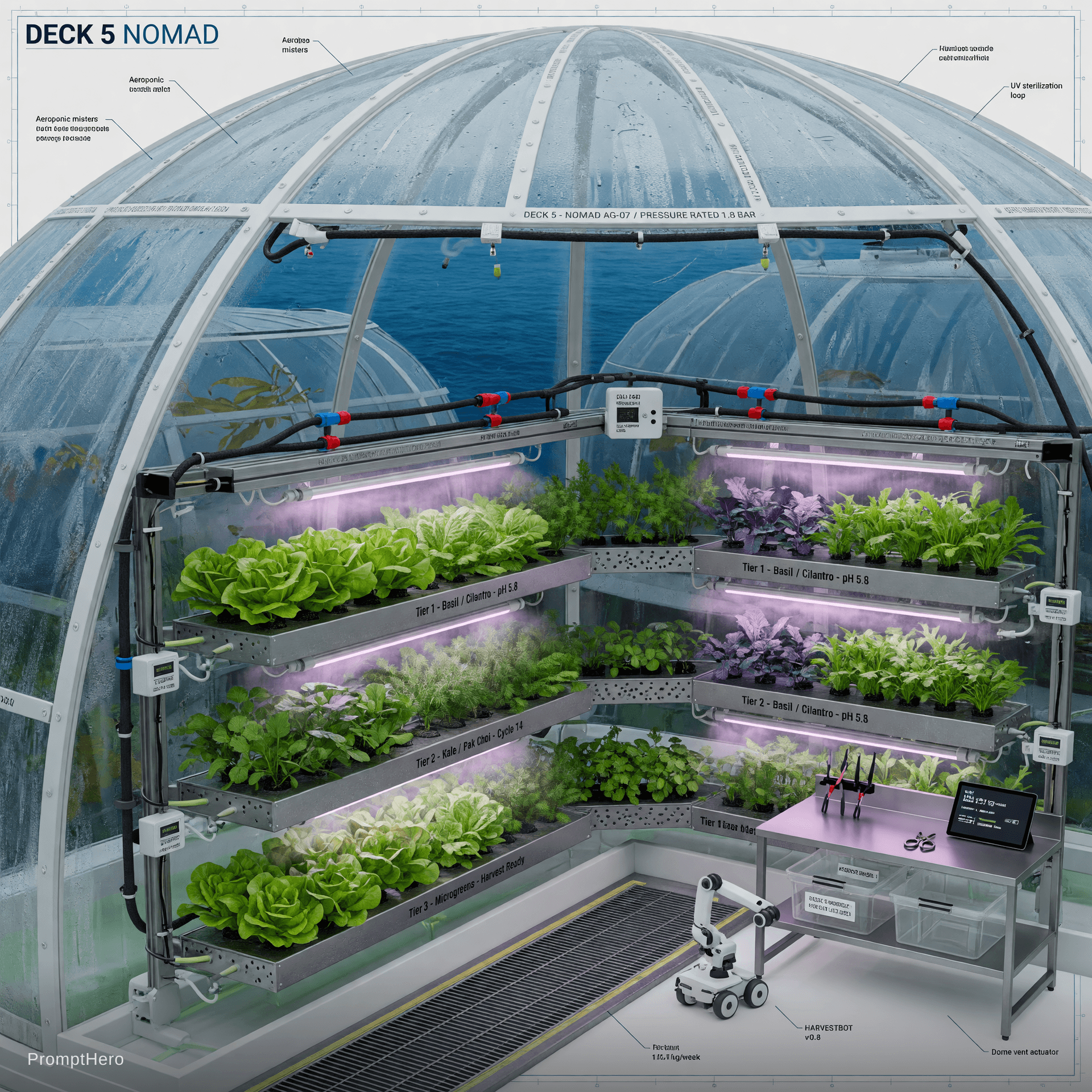 AI generated: Highly detailed technical interior close-up of the greenhouse dome on Deck 5 of Projekt Nomad, clean...