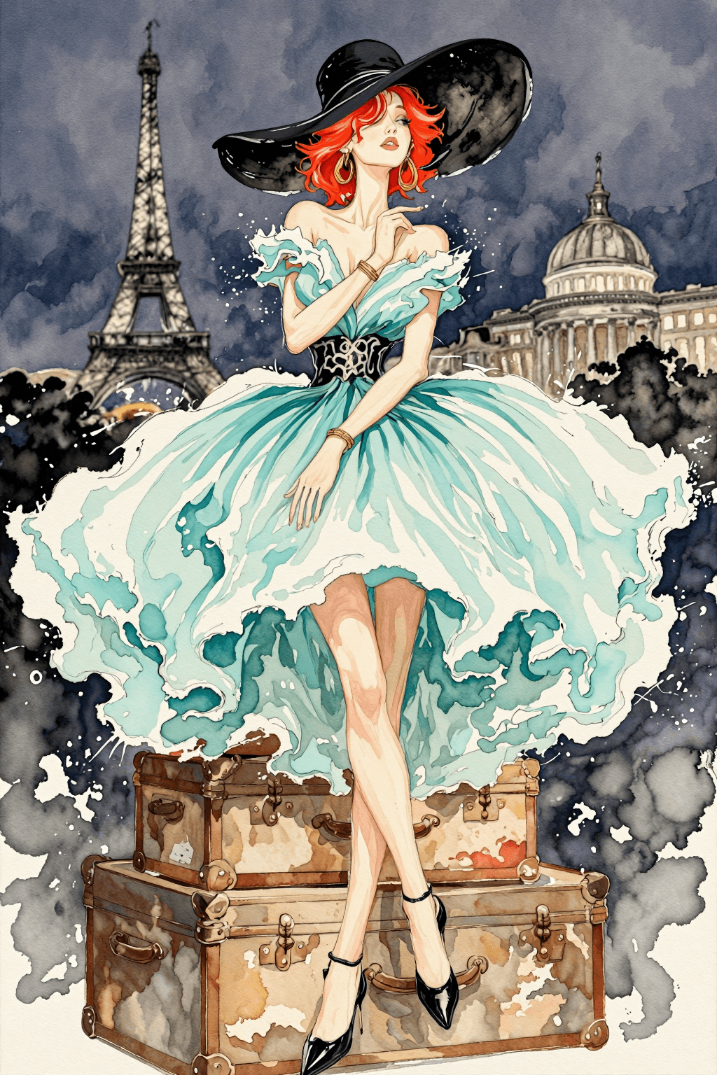 AI generated: A dreamy watercolor and ink fashion illustration of an elegant woman sits gracefully on stacked vint...