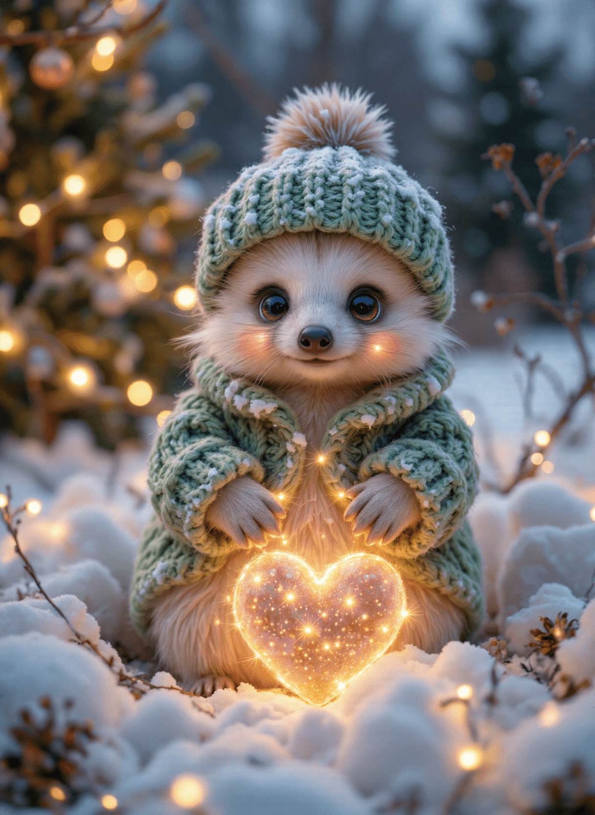 AI generated: The image depicts a cute, anthropomorphic hedgehog sitting in a snowy outdoor setting. The hedgehog ...