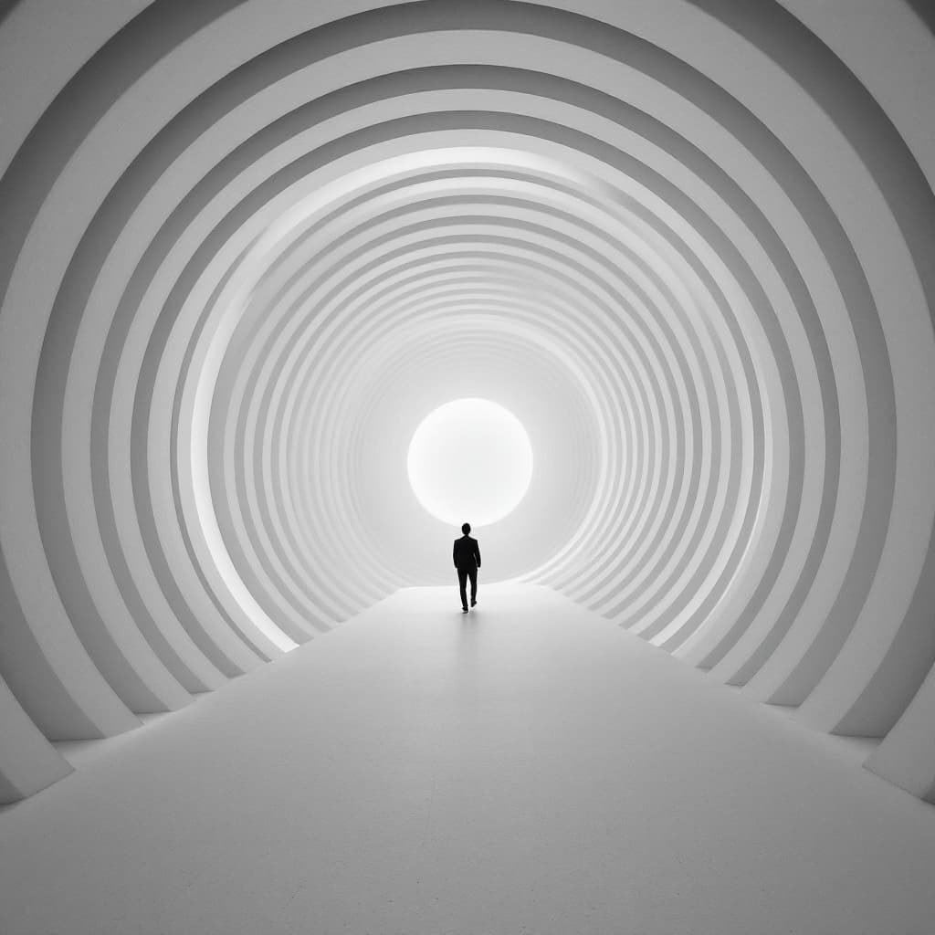 AI generated: A man walking in the center of an infinite white circular building, symmetrical photo, architectural...