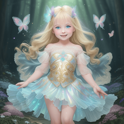 AI generated: a 4-year-old blonde girl with blue eyes and plumper cheeks,smiles,  clothes are adorned with shimmer...