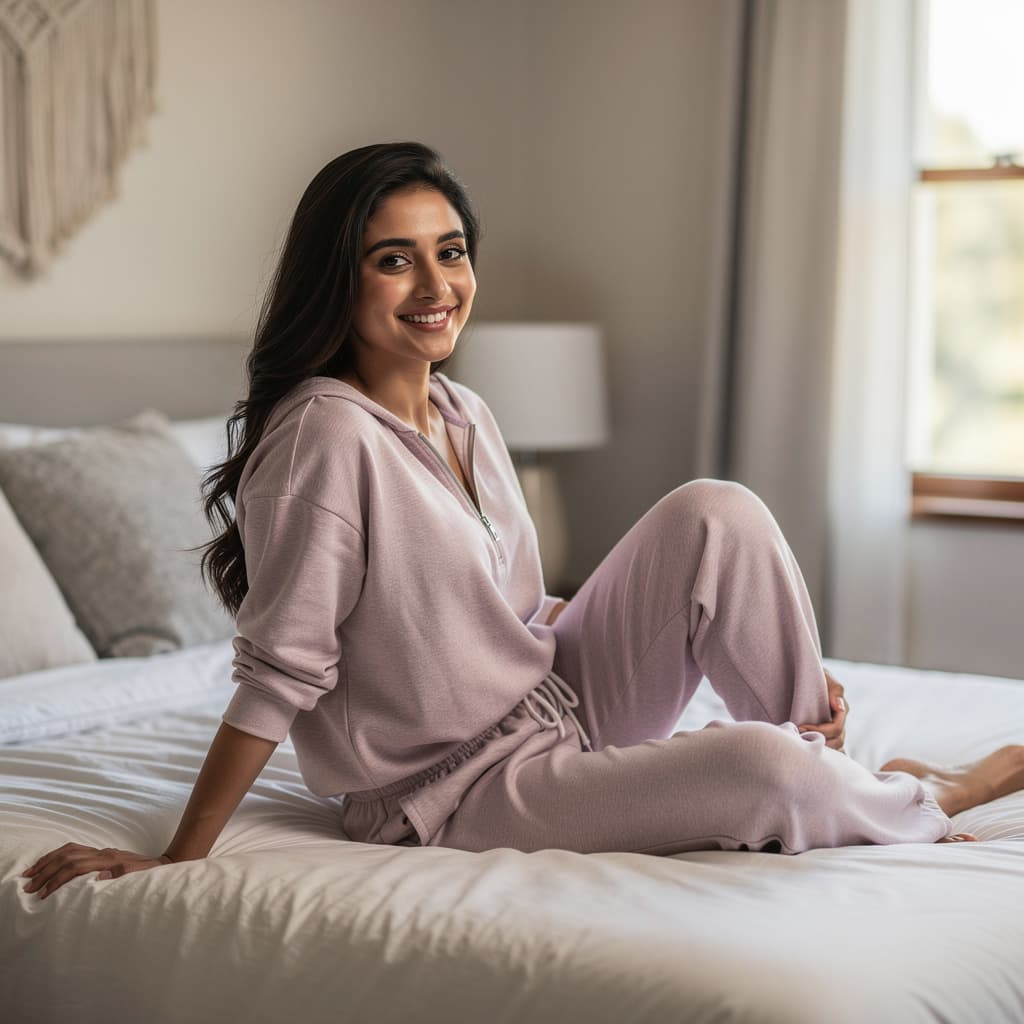 AI generated:  Create a hyper realistic image with high details of Alia Batt where she is sitting on a bed, she is...